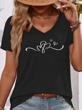 New Black Tee Shirt Short Sleeve V Neck Infinity Hearts Love Size Extra Large